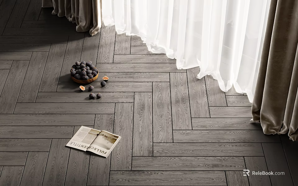 Dark Herringbone Wood Floor With Bowl Of Fruits Scattered Fruits And Magazine Near Curtains 3d model 