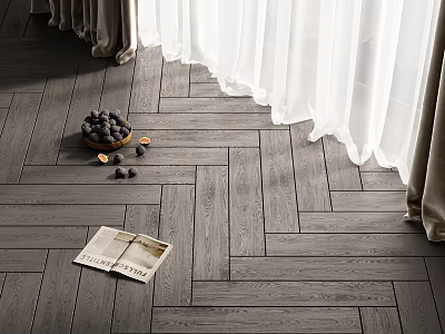 Dark Herringbone Wood Floor With Bowl Of Fruits Scattered Fruits And Magazine Near Curtains 3d model