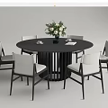 Modern Round Black Dining Table Set With White Chairs And Flower Vase 3d model