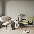 Light Gray And Green Fabric Armchairs With Stone Side Table Set On Wooden Floor