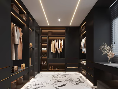 Elegant Modern Walk in Closet Design With Hanging Clothes Shoes Marble Floor And Gold Accents 3d model