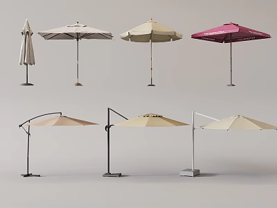 Different Types Of Outdoor Patio Umbrellas With Various Colors And Stand Styles 3d model