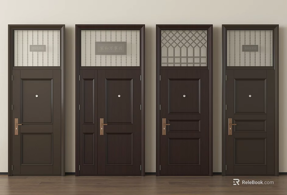 Modern Dark Brown Security Doors With Various Glass Panels And Metal Handles 3d model 