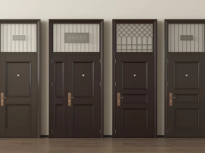 Modern Dark Brown Security Doors With Various Glass Panels And Metal Handles 3d model
