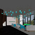 Modern Luxury Leisure Area With Blue Sofas Hanging Pendant Lights And Marble Flooring