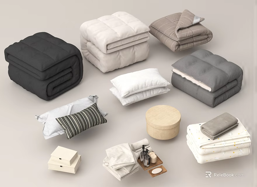 Neutral Colored Bedding Items Including Folded Comforters Pillows Blankets And Storage Accessories 3d model 
