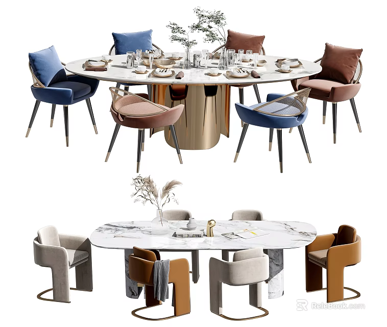 Modern Round Dining Table Set With Multi Colored Chairs And Decorative Tableware 3d model