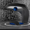 Futuristic Curved Display Stand With Blue Sphere White Dot Matrix And Circular Lighting