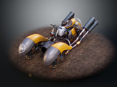 Yellow Motorcycle With Metallic Parts And Dual Exhaust Pipes On Dirt Ground 3d model