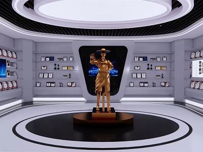 Modern Exhibition Hall Featuring Central Golden Statue And Surrounding Display Shelves 3d model