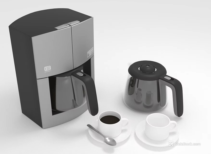 Black And Silver Electric Coffee Maker With Glass Carafe Coffee Cups And Spoon 3d model 