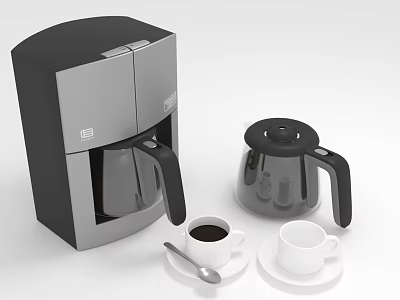 Black And Silver Electric Coffee Maker With Glass Carafe Coffee Cups And Spoon 3d model