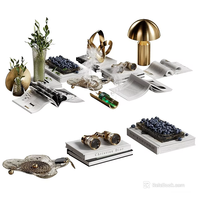 Decorative Ornament Collection With Green Plant Vase Blueberries Books Gold Lamp And Decor Items 3d model 