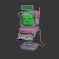 Retro Robot With Green Screen Smiley Face ERROR Display Pink Blue Body Control Panel Wires