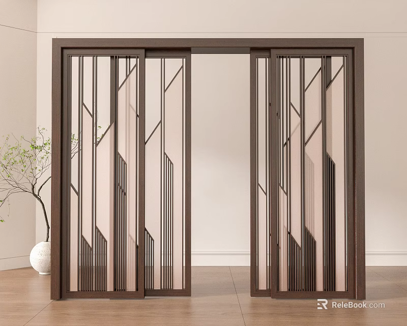 Modern Interior Sliding Doors With Dark Wooden Frame And Geometric Line Patterns 3d model