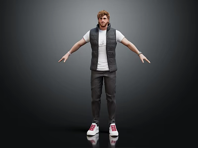 Man Wearing White T Shirt Gray Puffer Vest Gray Pants And Red Sneakers Arms Outstretched 3d model