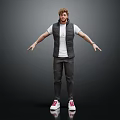 Man Wearing White T Shirt Gray Puffer Vest Gray Pants And Red Sneakers Arms Outstretched