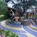 Outdoor Children's Play Area With Owl Themed Wooden Structure Slide Climbing Wall And Colorful Floor