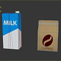 Daily Living Items Blue White Milk Carton And Brown Coffee Packet
