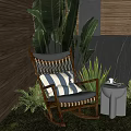 Outdoor Wooden Frame Leisure Chair With Grey Cushion And Striped Pillow Surrounded By Green Plants
