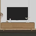 Natural Wood TV Stand With Wooden Wall Panel Decor Items And Potted Plants
