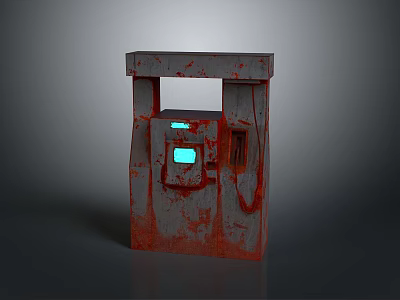 Rusty Red Gas Pump Industrial Design With Blue Display Screens And Hoses 3d model