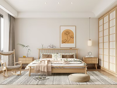 Minimalist Bedroom Interior With Wooden Bed Nightstands Wall Art And Sliding Door Wardrobe 3d model