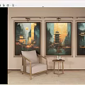 Three Landscape Paintings With Pagodas Mountain Scenery Hanging On Wall Golden Sunset Backdrop