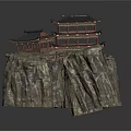 Ancient Chinese Architecture On Cliff Rock With Wooden Structure And Black Tiled Roof