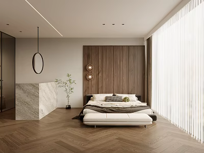 Modern Hotel Room With White Bed Wooden Accent Wall Herringbone Flooring And Marble Counter 3d model