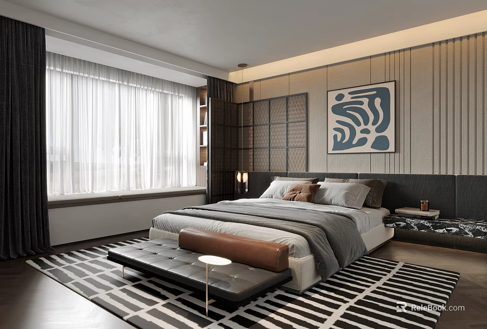 Modern Bedroom Interior Design With Dark Headboard Large Window Curtains Artwork Striped Rug And Bench 3d model 