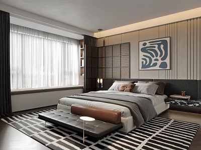 Modern Bedroom Interior Design With Dark Headboard Large Window Curtains Artwork Striped Rug And Bench 3d model