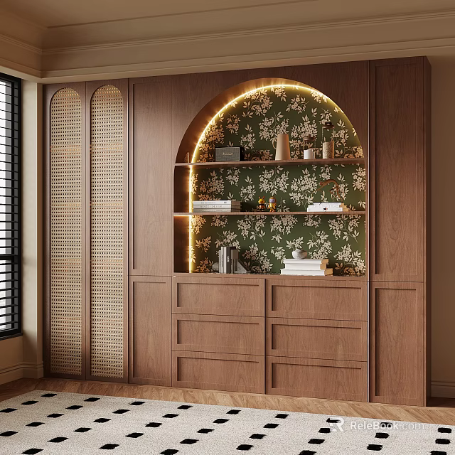 Modern Wooden Storage Cabinet Shelf With Green Floral Wall And LED Lighting 3d model 