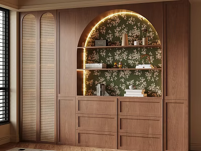 Modern Wooden Storage Cabinet Shelf With Green Floral Wall And LED Lighting 3d model