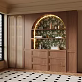 Modern Wooden Storage Cabinet Shelf With Green Floral Wall And LED Lighting