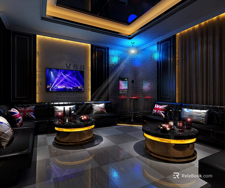 Elegant KTV Interior Design With Black Leather Sofas TV Screens And Ambient Lighting 3d model 