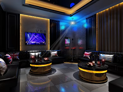 Elegant KTV Interior Design With Black Leather Sofas TV Screens And Ambient Lighting 3d model