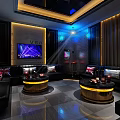 Elegant KTV Interior Design With Black Leather Sofas TV Screens And Ambient Lighting