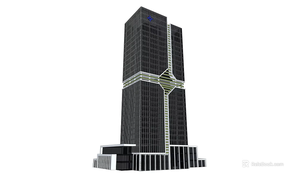 Tall Modern Office Building With Black Glass Facade And Central Cross Structure 3d model 