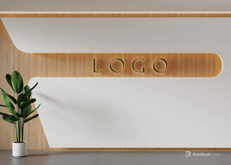 Minimalist Interior Wall With Wooden Decoration And LOGO Text Green Plant In White Pot 3d model 