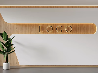 Minimalist Interior Wall With Wooden Decoration And LOGO Text Green Plant In White Pot 3d model