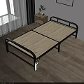 Stylish Double Bed With Black Metal Frame Light Wood Slats Nightstand Plant And Window Curtains