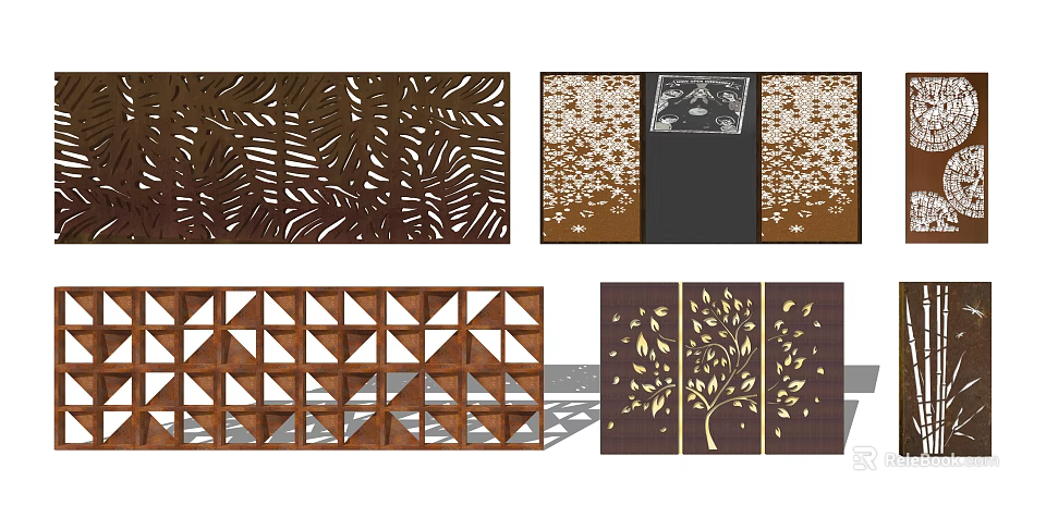 Decorative Background Wall with Intricate Carved Patterns Various Leaf Geometric and Tree Designs 3d model