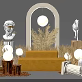 Interactive Zone Featuring Arched Structure Round Pendant Lights Yellow Sofa Statues And Dried Grasses 3d model