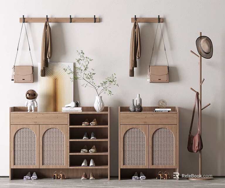 Wooden Hallway Entryway Side Cabinets with Rattan Doors and Storage for Shoes Coats Decor Items 3d model 