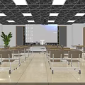 School Classroom Interior With Desks Chairs Podium Bookshelf Projection Screen Ceiling Lights And Green Plant
