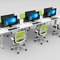 Modern Office Desks With Multiple Workstations Computer Monitors And Green Chairs 3d model