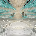 Elegant Banquet Hall Interior With Crystal Chandeliers Decorated Ceiling And White Floral Decorations