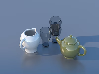 Tableware Set Featuring White Pitcher Green Teapot And Clear Glasses For Dining 3d model