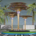 Garden Ornament With Mushroom Shaped Canopies Colorful Patterns Supporting Pillars And Palm Trees
